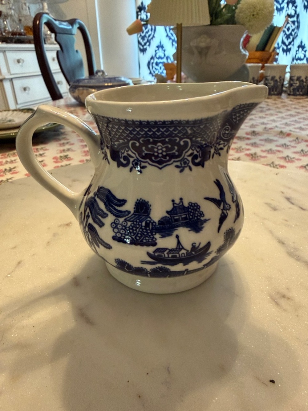 Blue and White Ceramic Creamer Pitcher with Willow Pattern